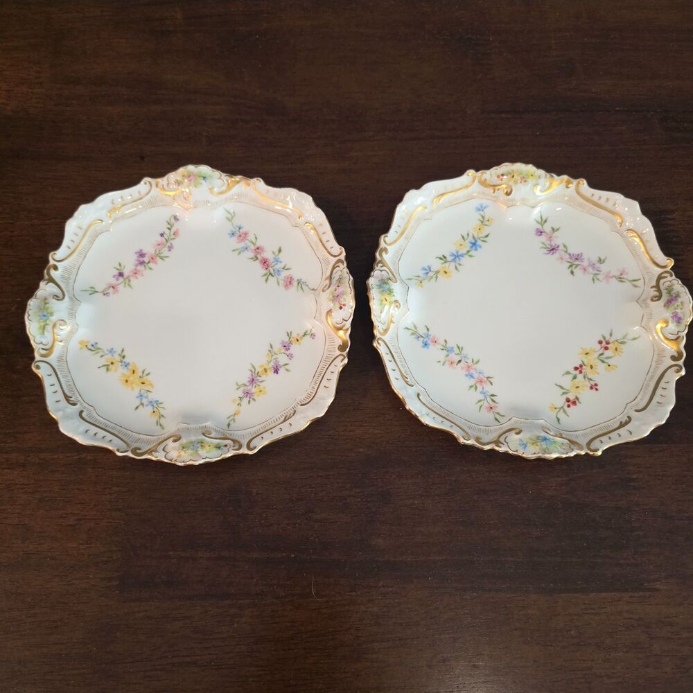 A.L. Limoges 6.5" Gold Trim Hand Painted Scalloped Bread &Butter Plates Set Of 2